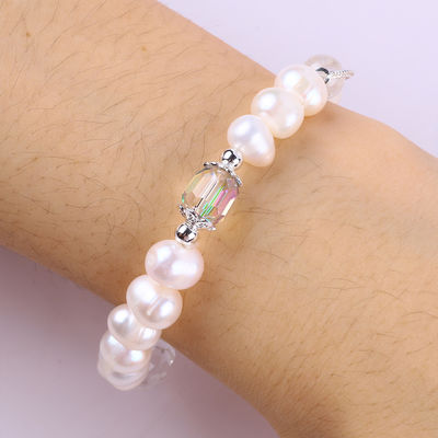 Natural Freshwater Pearl Bracelet Elastic With Purple Fluorite Rose Flower Carving