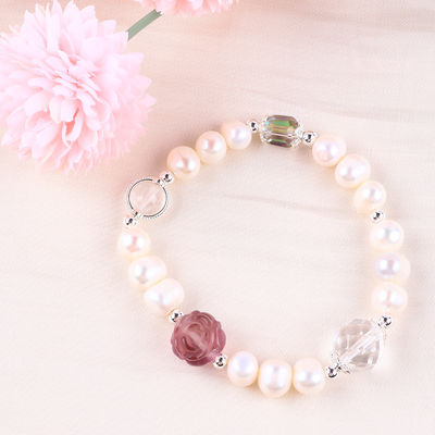 Natural Freshwater Pearl Bracelet Elastic With Purple Fluorite Rose Flower Carving