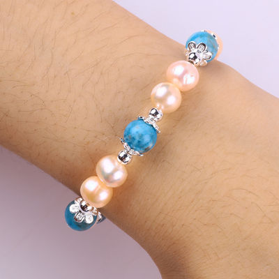 Blue Apatite Bead Stone Pink Freshwater Pearl Bracelet OEM ODM