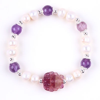 8mm Bead Amethyst Crystal White Fresh Water Pearl Bracelet