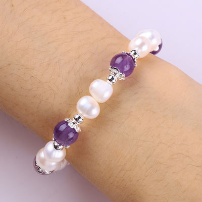 8mm Bead Amethyst Crystal White Fresh Water Pearl Bracelet
