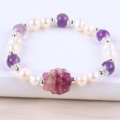 8mm Bead Amethyst Crystal White Fresh Water Pearl Bracelet