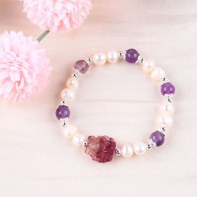 8mm Bead Amethyst Crystal White Fresh Water Pearl Bracelet