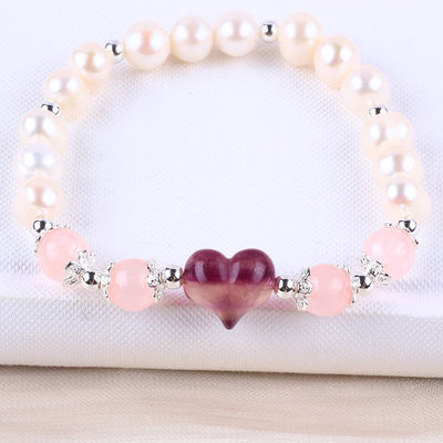 8MM Pink Freshwater Pearl Stretch Bracelet Heart Crystal Carving