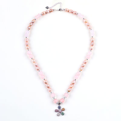 Fresh Water Pearl Necklace Rose Quartz 6mm Beads Crystal Sweater Necklace