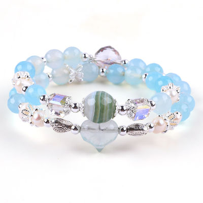 8MM Multifacted Blue Agate Round Shape Bead And White Fresh Water Pearl Adjustable Bangle