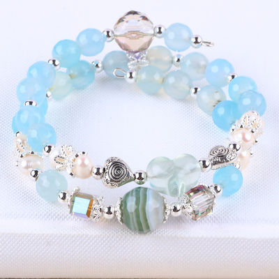 8MM Multifacted Blue Agate Round Shape Bead And White Fresh Water Pearl Adjustable Bangle