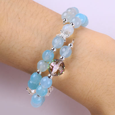 8MM Multifacted Blue Agate Round Shape Bead And White Fresh Water Pearl Adjustable Bangle