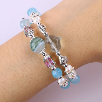 8MM Multifacted Blue Agate Round Shape Bead And White Fresh Water Pearl Adjustable Bangle