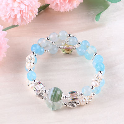 8MM Multifacted Blue Agate Round Shape Bead And White Fresh Water Pearl Adjustable Bangle