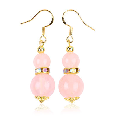 Healing Energy Pink Rose Quartz Crystal Short Dangle Round Shape Bead Hook Earring For Daily Wear