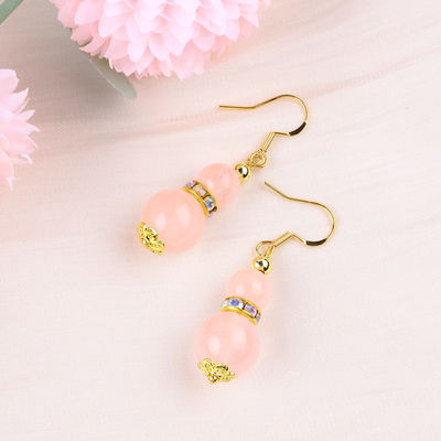 Healing Energy Pink Rose Quartz Crystal Short Dangle Round Shape Bead Hook Earring For Daily Wear