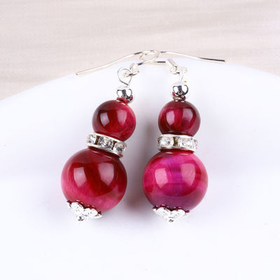 Handmade Crystal Stone Earrings Rose Red Tiger's Eye Gemstone Pendant Beaded Earrings