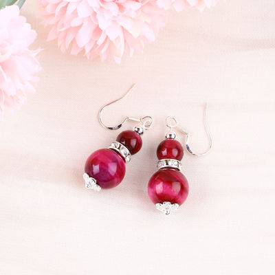 Handmade Crystal Stone Earrings Rose Red Tiger's Eye Gemstone Pendant Beaded Earrings