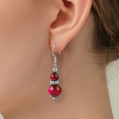 Handmade Crystal Stone Earrings Rose Red Tiger's Eye Gemstone Pendant Beaded Earrings