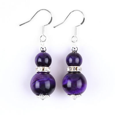 Handmade Crystal Stone Earrings Purple Tiger's Eye Gemstone Beaded Pendant Earrings
