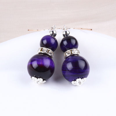 Handmade Crystal Stone Earrings Purple Tiger's Eye Gemstone Beaded Pendant Earrings