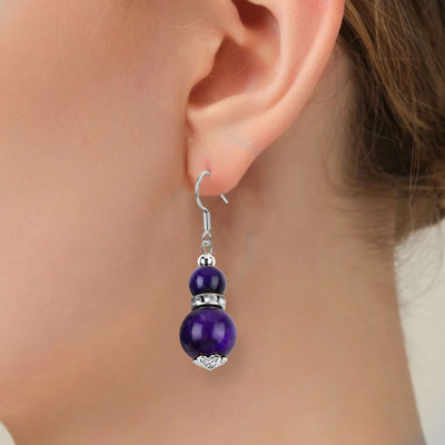 Handmade Crystal Stone Earrings Purple Tiger's Eye Gemstone Beaded Pendant Earrings