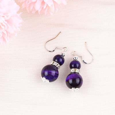 Handmade Crystal Stone Earrings Purple Tiger's Eye Gemstone Beaded Pendant Earrings