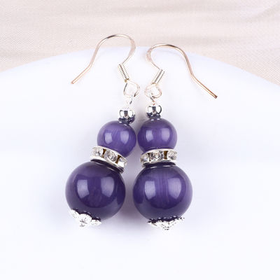 Handmade Crystal Stone Earrings Purple Cat's Eye Gemstone Beaded Pendant Earrings