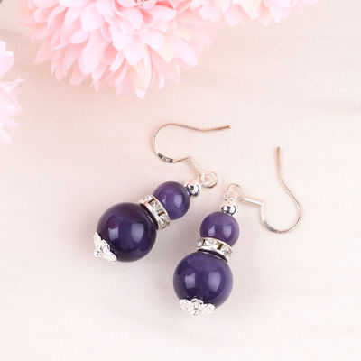 Handmade Crystal Stone Earrings Purple Cat's Eye Gemstone Beaded Pendant Earrings