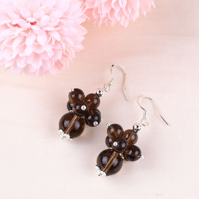 Handmade Crystal Stone Earrings Smoking Quartz Flower Gemstone Beaded Pendant Earrings