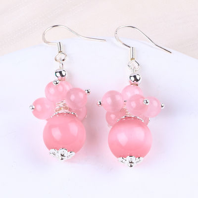 Handmade Crystal Stone Earrings Pink Cat's Eye Flower Gemstone Beaded Earrings