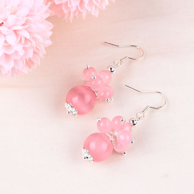 Handmade Crystal Stone Earrings Pink Cat's Eye Flower Gemstone Beaded Earrings