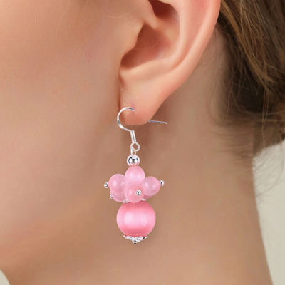 Handmade Crystal Stone Earrings Pink Cat's Eye Flower Gemstone Beaded Earrings