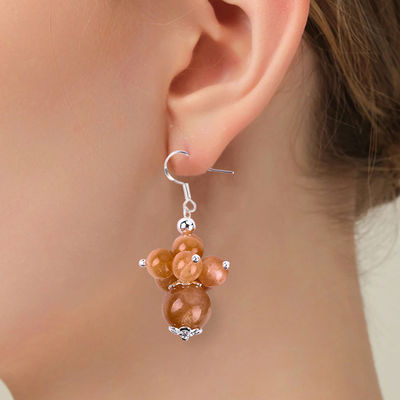 Handmade Crystal Stone Earrings Sunstone Beaded Earrings Gemstone Flower Pendant Earrings