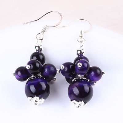 Handmade Crystal Stone Earrings Purple Tiger's Eye Gemstone Beaded Pendant Earrings