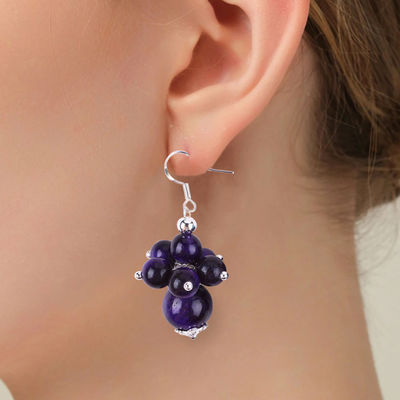 Handmade Crystal Stone Earrings Purple Tiger's Eye Gemstone Beaded Pendant Earrings