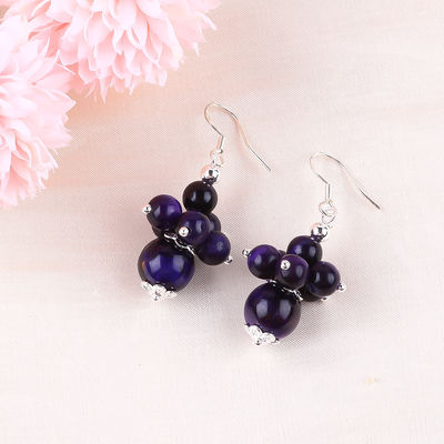 Handmade Crystal Stone Earrings Purple Tiger's Eye Gemstone Beaded Pendant Earrings