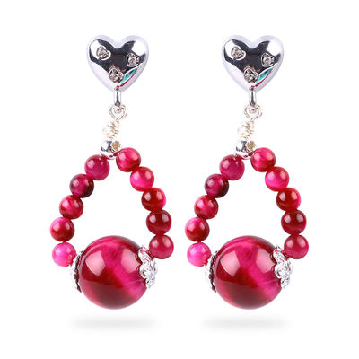 Handmade Crystal Stone Earrings Rose Red Tiger's Eye Gemstone Beaded Heart Charms Pendant Earrings