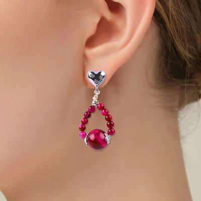 Handmade Crystal Stone Earrings Rose Red Tiger's Eye Gemstone Beaded Heart Charms Pendant Earrings