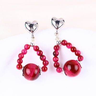 Handmade Crystal Stone Earrings Rose Red Tiger's Eye Gemstone Beaded Heart Charms Pendant Earrings