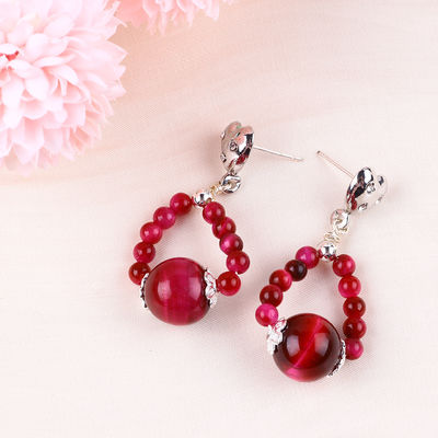 Handmade Crystal Stone Earrings Rose Red Tiger's Eye Gemstone Beaded Heart Charms Pendant Earrings