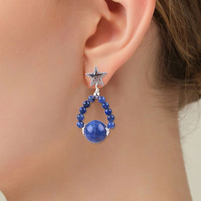 Handmade Crystal Stone Earrings Sodalite Gemstone Beaded Star Charms Pendant Earrings