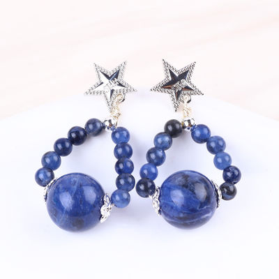 Handmade Crystal Stone Earrings Sodalite Gemstone Beaded Star Charms Pendant Earrings