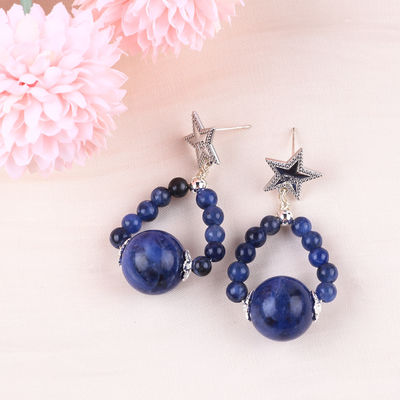 Handmade Crystal Stone Earrings Sodalite Gemstone Beaded Star Charms Pendant Earrings