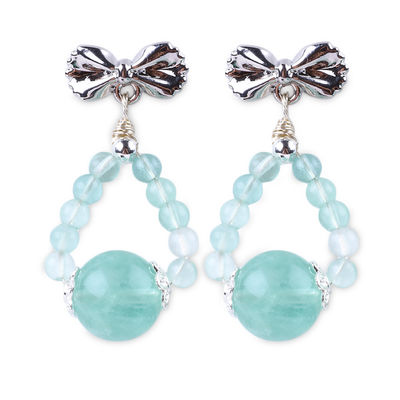 Handmade Crystal Stone Earrings Green Flourite Gemstone Beaded Bow Charms Pendant Earrings