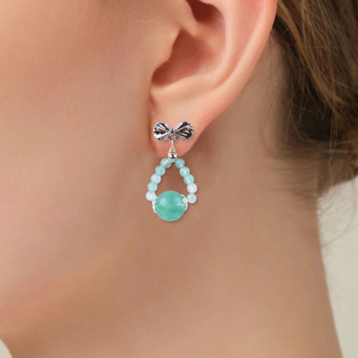 Handmade Crystal Stone Earrings Green Flourite Gemstone Beaded Bow Charms Pendant Earrings