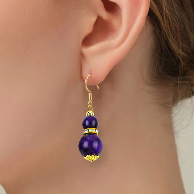 Spiritual Natural Stone Purple Tiger Eye Crystal Round Shape Dangle Hook Earring For Daily Wear