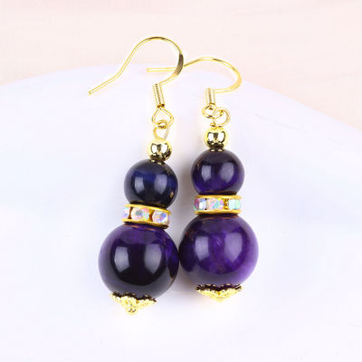 Spiritual Natural Stone Purple Tiger Eye Crystal Round Shape Dangle Hook Earring For Daily Wear