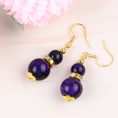 Spiritual Natural Stone Purple Tiger Eye Crystal Round Shape Dangle Hook Earring For Daily Wear