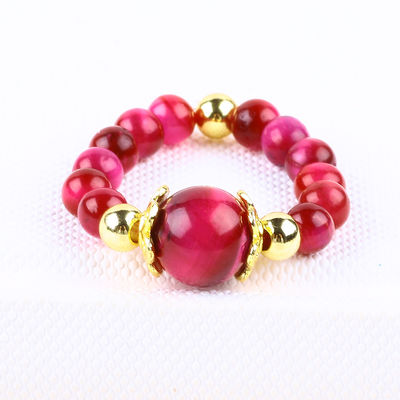 4MM Rose Red Tiger Eye Crystal Stretch Round Bead Ring Healing Stone Adjustable Ring For Unisex