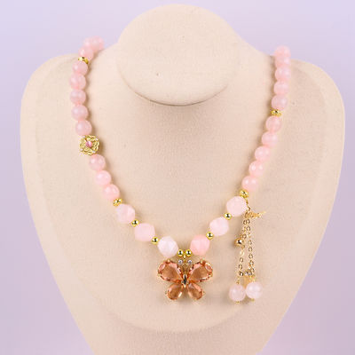 Butterfly Charm Rose Quartz Stone Crystal Sweater Necklace Emotional Healing