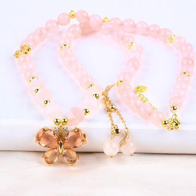Butterfly Charm Rose Quartz Stone Crystal Sweater Necklace Emotional Healing