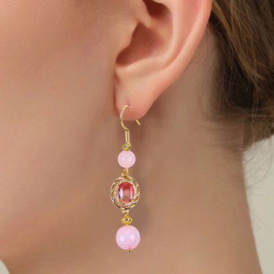Multifacted Natural Crystal Rose Quartz Round Shape Bead With Pink Oval Shape Charm Beaded Earring