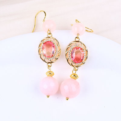 Multifacted Natural Crystal Rose Quartz Round Shape Bead With Pink Oval Shape Charm Beaded Earring